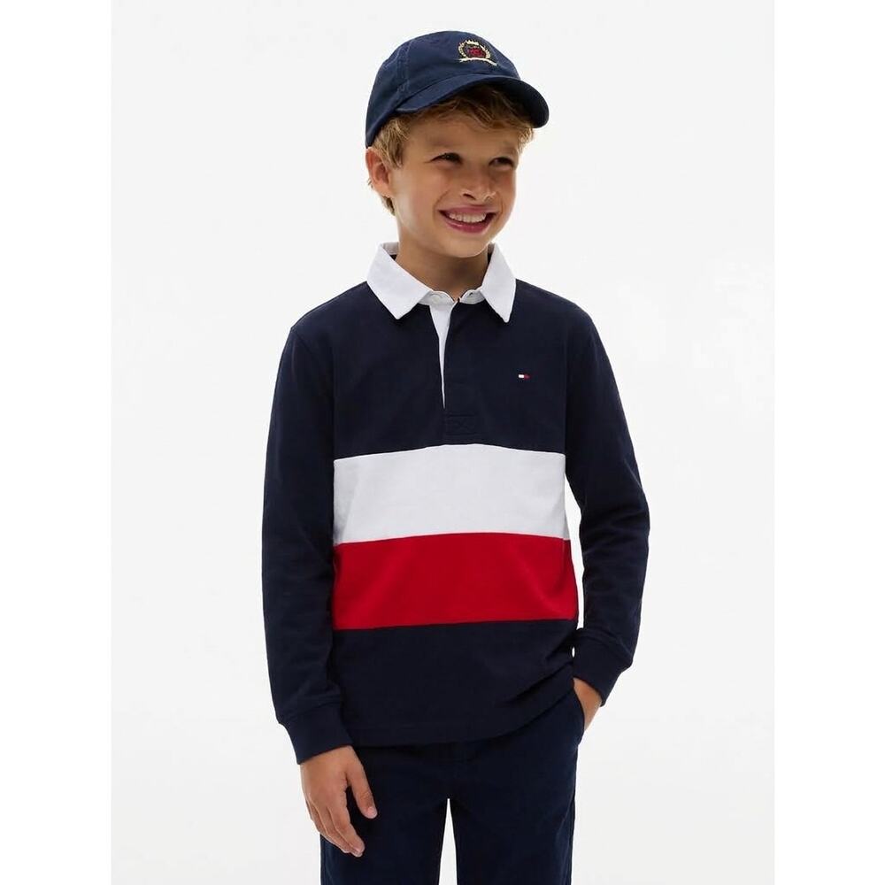 NWT Tommy Hilfiger Rugby Polo Big Boys L Colorblock LongSleeve Flag Stripe Black